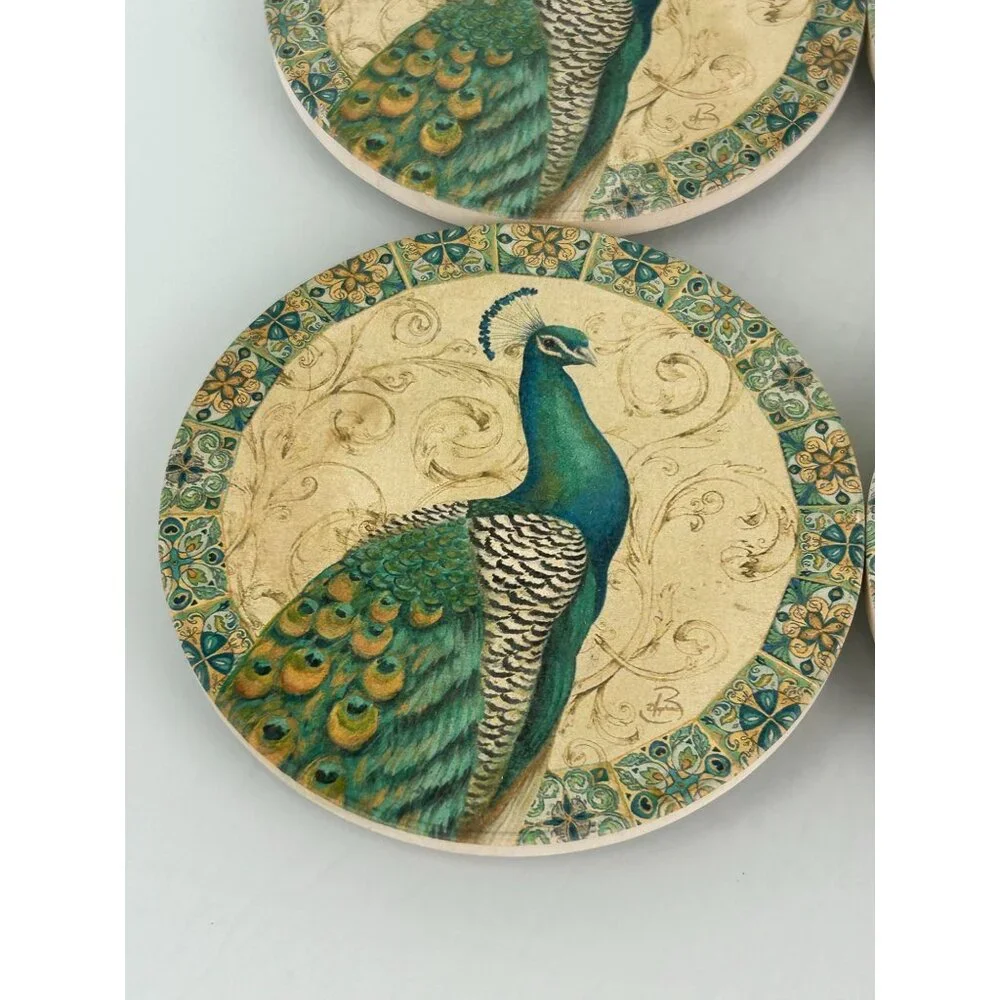 Daphne B Peacock Bird Round Coasters Teal Scrolls Bordered Elegant Pretty (4)